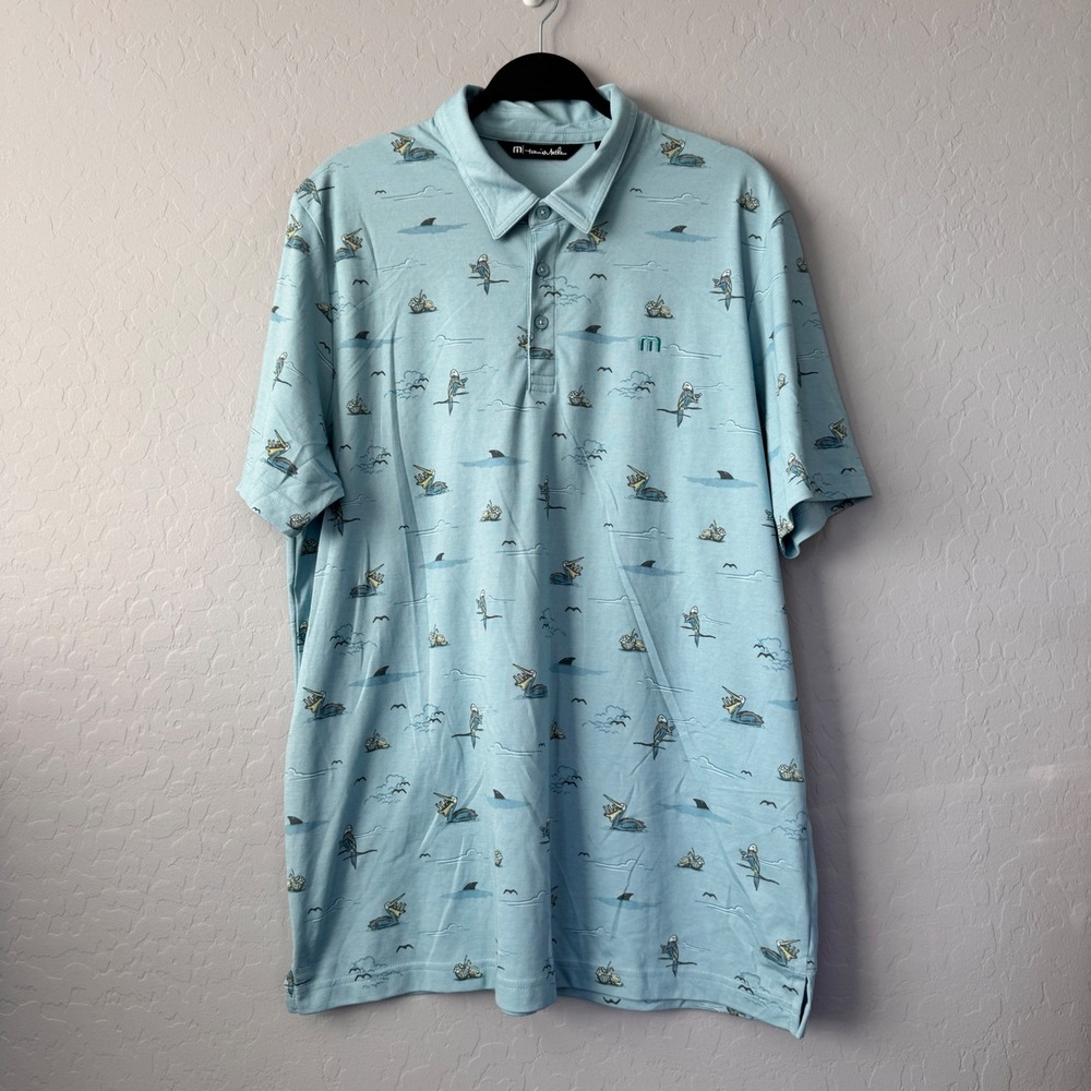 Travis Mathew Polo Shirt XL Blue Bird Shark Golf Print Short Sleeve Menswear